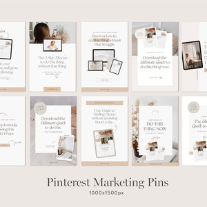 May include: A collection of eight Pinterest marketing pins with a minimalist aesthetic. The pins feature a variety of images and text, including a woman holding a phone, a woman sitting at a desk, and a close-up of a book. The text on the pins includes phrases like "The 5 Step Formula to Growing this Thing in 5 Days" and "Download the Ultimate Guide to do this thing now."