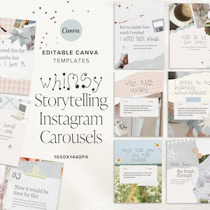 May include: A collection of Canva templates for Instagram carousels. The templates feature a whimsical design with pastel colors, handwritten fonts, and decorative elements. Text includes phrases like "Storytelling" and "Now it would be time for this."