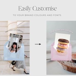 Peut inclure: Image pr&eacute;sentant un concept de design. &Agrave; gauche, une femme dans une enveloppe bleue, &agrave; droite, des donuts dans une enveloppe rose. Le texte comprend "Personnalisez facilement" et "nouvelle vid&eacute;o que vous allez adorer".