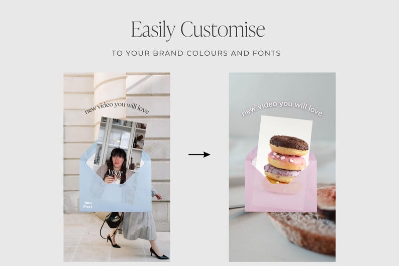 Peut inclure: Image pr&eacute;sentant un concept de design. &Agrave; gauche, une femme dans une enveloppe bleue, &agrave; droite, des donuts dans une enveloppe rose. Le texte comprend "Personnalisez facilement" et "nouvelle vid&eacute;o que vous allez adorer".