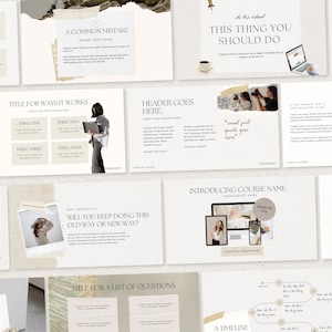 May include: A collection of digital presentation slides with a minimalist design. The slides feature text, graphics, and images, including a woman with a laptop, a coffee cup, and a timeline. The color palette is neutral with beige and white tones.