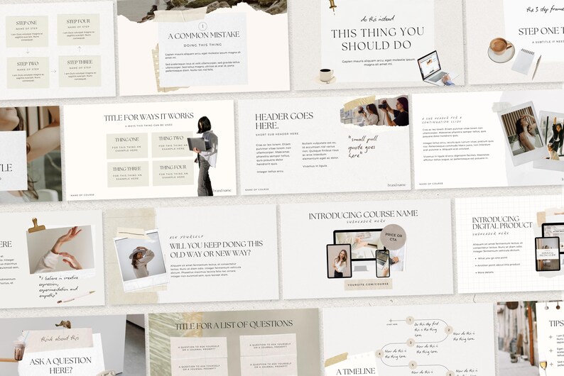 May include: A collection of digital presentation slides with a minimalist design. The slides feature text, graphics, and images, including a woman with a laptop, a coffee cup, and a timeline. The color palette is neutral with beige and white tones.