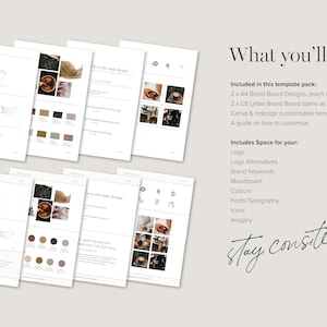 May include: A set of four brand board templates for a coffee shop. The templates include a logo, color palette, mood board, and fonts. The text "stay consistent" is written in black ink on a white background.