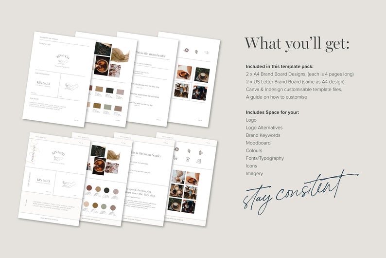 May include: A set of four brand board templates for a coffee shop. The templates include a logo, color palette, mood board, and fonts. The text "stay consistent" is written in black ink on a white background.
