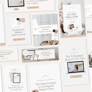 May include: A collection of digital marketing resources for social media, including guides, templates, and tips on how to grow your following and make money online. The resources feature a minimalist design with a neutral color palette.