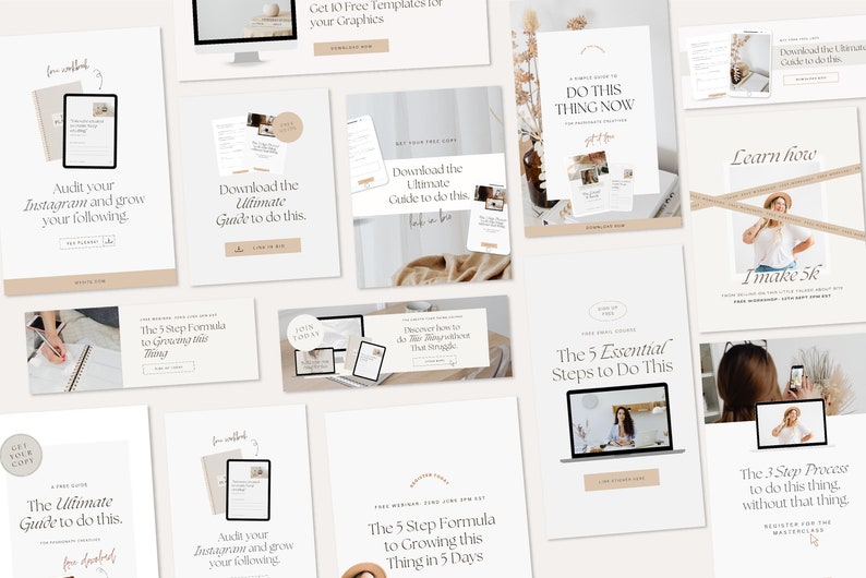 May include: A collection of digital marketing resources for social media, including guides, templates, and tips on how to grow your following and make money online. The resources feature a minimalist design with a neutral color palette.