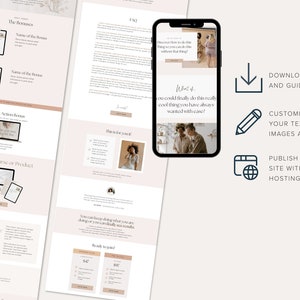 May include: A website template for a course or product launch. The template features a pink background with a white text overlay. The text includes the words "Download Template and Guide", "Customize with your text, fonts, images and colors", and "Publish your site with Canva hosting".