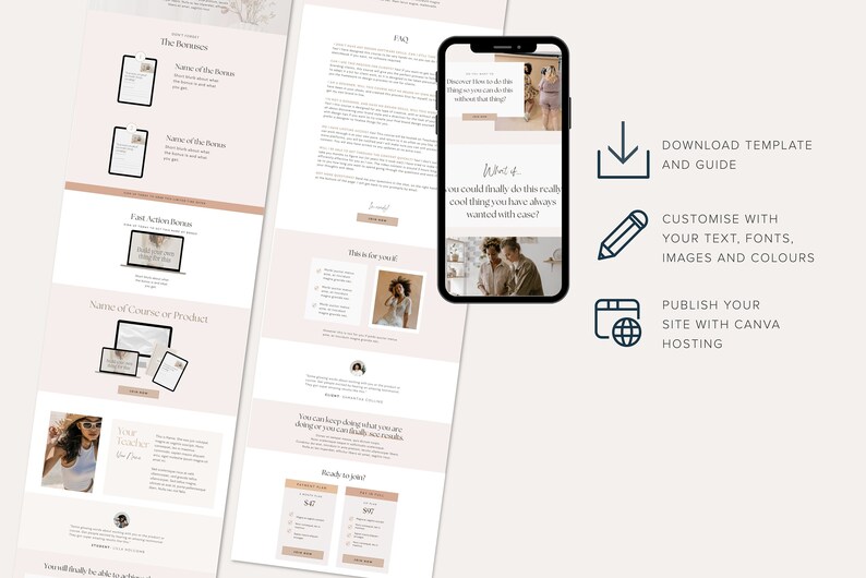 May include: A website template for a course or product launch. The template features a pink background with a white text overlay. The text includes the words "Download Template and Guide", "Customize with your text, fonts, images and colors", and "Publish your site with Canva hosting".