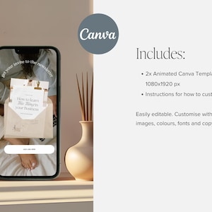 Peut inclure: Un smartphone affiche un mod&egrave;le Canva avec le texte &laquo;&nbsp;Comment apprendre cette chose dans votre entreprise&nbsp;&raquo;. L'image comprend deux vases beiges, des plantes s&eacute;ch&eacute;es et le logo Canva. Le texte &laquo;&nbsp;Comprend&nbsp;&raquo; et les d&eacute;tails du mod&egrave;le sont &eacute;galement visibles.