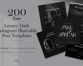 Instagram Shareable Canva Templates 200 Dark Black Luxury Feed and Stories Graphics | Infographics, quotes, viral posts
