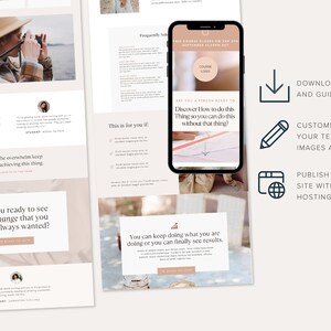 May include: A website template for a business or personal website. The template features a light pink and white color scheme with a minimalist design. The text on the template includes the words "Discover how to do this thing so you can do this without that thing?" and "Are you ready to see this change that you have always wanted?" The template also includes a download button and a guide for customizing the template.
