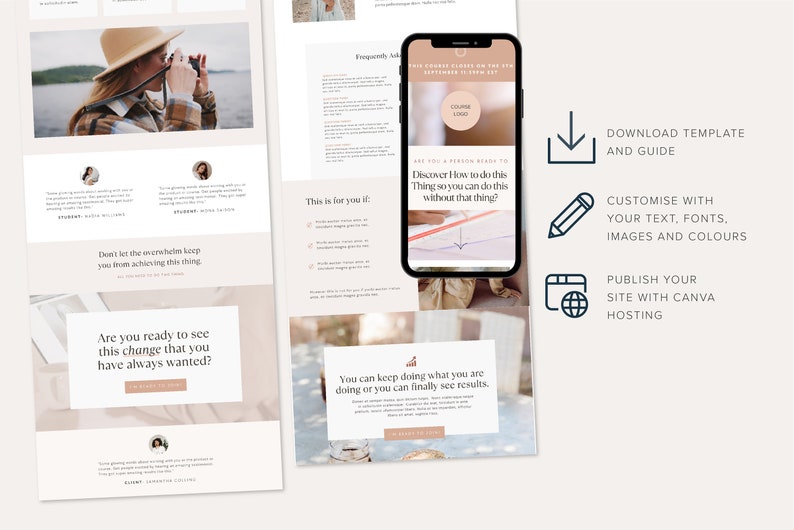 May include: A website template for a business or personal website. The template features a light pink and white color scheme with a minimalist design. The text on the template includes the words "Discover how to do this thing so you can do this without that thing?" and "Are you ready to see this change that you have always wanted?" The template also includes a download button and a guide for customizing the template.