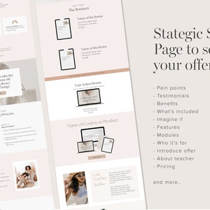 May include: A website mockup for a sales page with a pink and white color scheme. The page features a photo of a woman wearing a hat and sunglasses, a section titled "The Bonuses", and a list of items to include on a sales page, such as pain points, testimonials, benefits, and pricing.