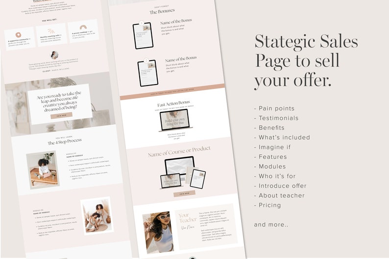 May include: A website mockup for a sales page with a pink and white color scheme. The page features a photo of a woman wearing a hat and sunglasses, a section titled "The Bonuses", and a list of items to include on a sales page, such as pain points, testimonials, benefits, and pricing.