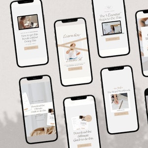 May include: A collection of phone screens showcasing different marketing strategies for growing an email list. The screens feature images of people, text, and calls to action, such as "Learn how I make $k" and "Download the Ultimate Guide to Do This".
