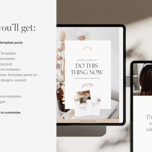 May include: A computer screen displaying a website with a beige and brown color scheme. The website features a graphic with the text "A Simple Guide to Do This Thing Now" and a photo of a woman taking a selfie. The website also includes the text "The 3 Step Process to do this thing, without that thing. Register for the Masterclass."