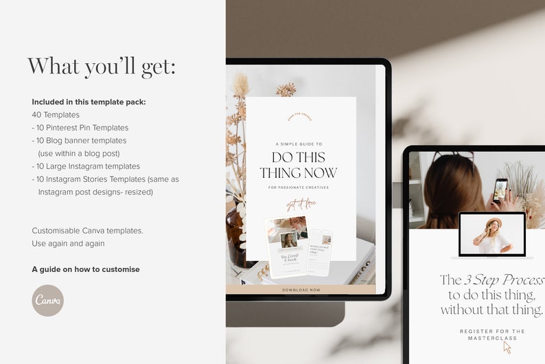 May include: A computer screen displaying a website with a beige and brown color scheme. The website features a graphic with the text "A Simple Guide to Do This Thing Now" and a photo of a woman taking a selfie. The website also includes the text "The 3 Step Process to do this thing, without that thing. Register for the Masterclass."