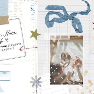 May include: A collage kit featuring a white card with the text Take Note of it 150+ GRAPHIC ELEMENTS COLLAGE KIT, a blue ribbon, a gold star, a gray flower, a photograph of shoes, striped fabric, and scattered gold confetti on a grid background.