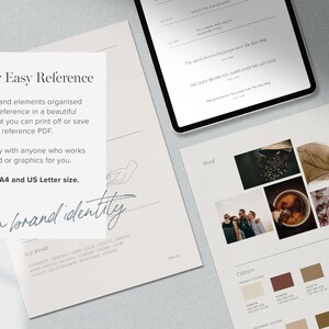 May include: A printable brand identity guide with sections for mood board, color palettes, and key words. The mood board includes images of coffee beans, fabric, and people. The color palette includes shades of brown, beige, and black.