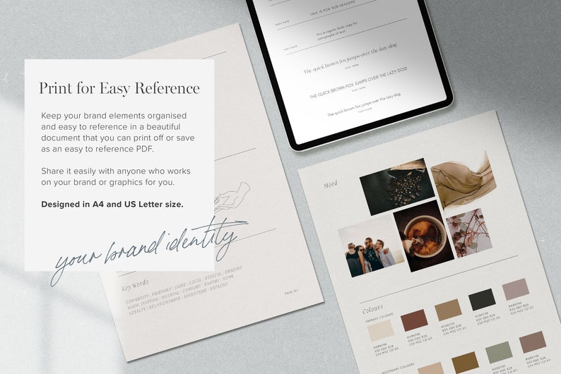 May include: A printable brand identity guide with sections for mood board, color palettes, and key words. The mood board includes images of coffee beans, fabric, and people. The color palette includes shades of brown, beige, and black.