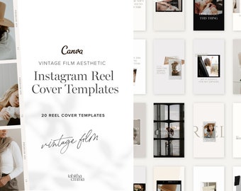 May include: A set of 20 Instagram reel cover templates with a vintage film aesthetic. The templates feature a variety of images and text, including a woman wearing a hat, a woman in a bathtub, a woman wearing a sweater, and a window with a view of the ocean. The text on the templates includes "Canva", "Vintage Film Aesthetic", "Instagram Reel Cover Templates", "20 Reel Cover Templates", "vintage film", "tabitha emma", "REEL", and "Behind the Scenes".