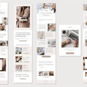 K&ouml;nnte beinhalten: Eine Sammlung digitaler Marketingvorlagen in neutralen Farbt&ouml;nen. Die Designs umfassen E-Mail-Layouts mit Texten wie "Weekly Digest", "The Big Sale Here" und "Thank You". Die Vorlagen enthalten Bilder und Abschnitte f&uuml;r Inhalte.