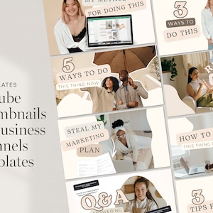 May include: A collection of 20 YouTube thumbnail templates for business channels. The templates feature various images and text overlays, including "5 Ways to Do This Thing Now", "Steal My Marketing Plan", "Q&A", "Relaxing Planning Routine", "How to Do This Thing Now", and "3 Tips For".