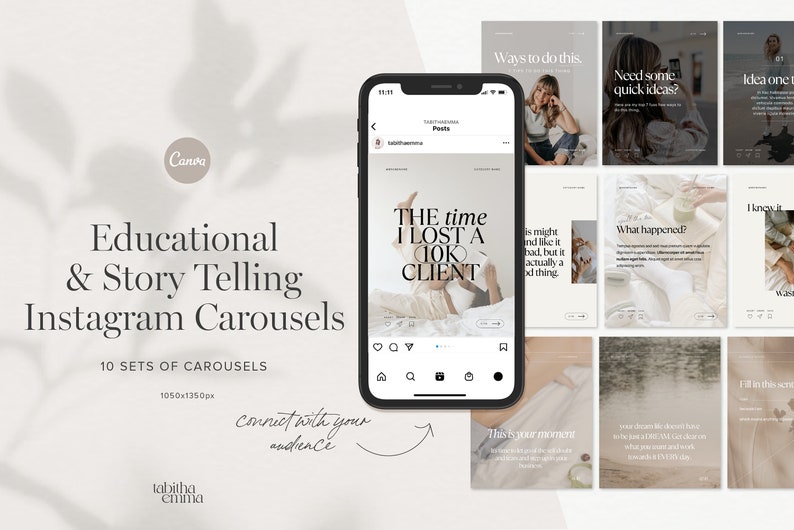 Op de afbeelding: Een set van 10 Instagram-carrouseltemplates voor educatieve en verhalende content. De templates hebben een minimalistisch ontwerp met een neutrale kleurenpalet en tekstoverlays. De tekst bevat zinnen als "De keer dat ik een klant van 10.000 dollar verloor", "Manieren om dit te doen" en "Heb je wat snelle idee&euml;n nodig?"
