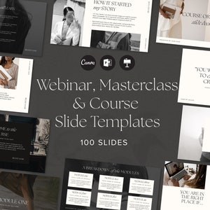 Puede incluir: Un conjunto de 100 plantillas de diapositivas en blanco y negro para webinars, masterclasses y cursos. Las plantillas presentan un diseño minimalista con un fondo gris y texto blanco. El texto incluye las palabras "Webinar, Masterclass & Curso Plantillas de diapositivas" y "100 Diapositivas".