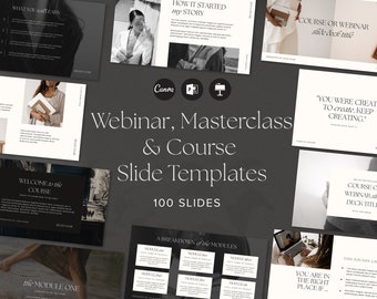 Luxe donkere masterclass webinar cursus slidedeck|  100 cursuspresentatiedia's (canva, keynote, powerpoint) voor coaches