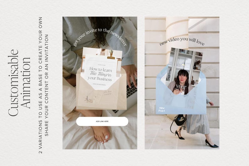 Peut inclure: Image avec le texte "Animation personnalisable" et "2 VARIATIONS &Agrave; UTILISER COMME BASE POUR CR&Eacute;ER VOTRE PROPRE PARTAGER VOTRE CONTENU OU UNE INVITATION". Deux maquettes d'invitations sont pr&eacute;sent&eacute;es, dont une avec le texte "How to learn This Thing in your Business".
