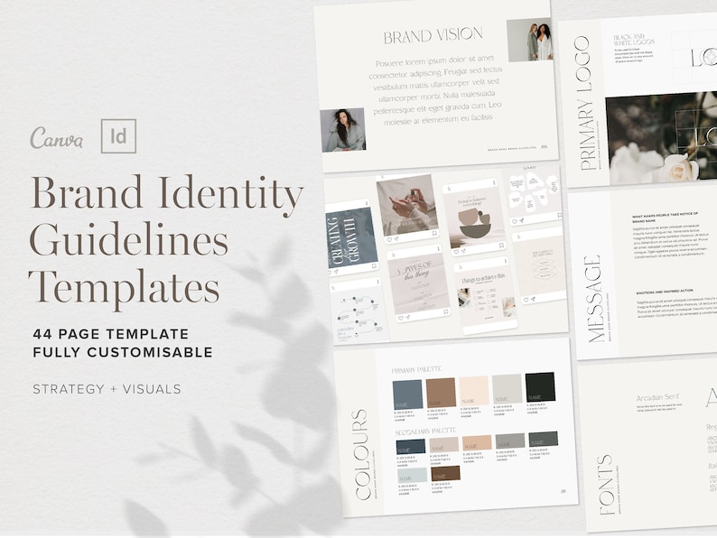 May include: Brand identity guidelines template with a 44-page layout. The template includes a brand vision, message, primary logo, and color palettes. The color palettes include primary and secondary colors.