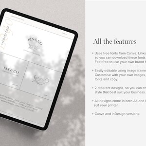 May include: A digital mockup of a logo design for a business called "KIN & CO." The logo features a minimalist line drawing of two hands with the text "KIN & CO" below. The logo is displayed on a white background with a gray border. The text "Community & Creativity" is below the logo. The image also includes a list of features for the logo design, including the use of free fonts, easy editing, and two different designs.
