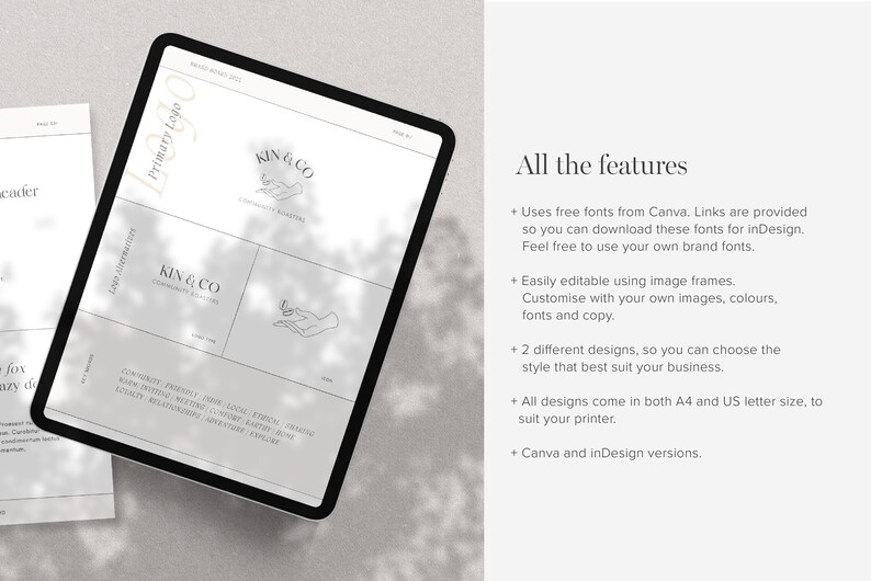 May include: A digital mockup of a logo design for a business called "KIN & CO." The logo features a minimalist line drawing of two hands with the text "KIN & CO" below. The logo is displayed on a white background with a gray border. The text "Community & Creativity" is below the logo. The image also includes a list of features for the logo design, including the use of free fonts, easy editing, and two different designs.