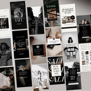 May include: A collection of 12 Instagram story templates in black and white with text overlays promoting a Black Friday sale. The text includes phrases like "Black Friday Sale", "The Black Friday Mega Sale", "Black Friday Offer Dropping Soon", and "Going, Going, Gone".