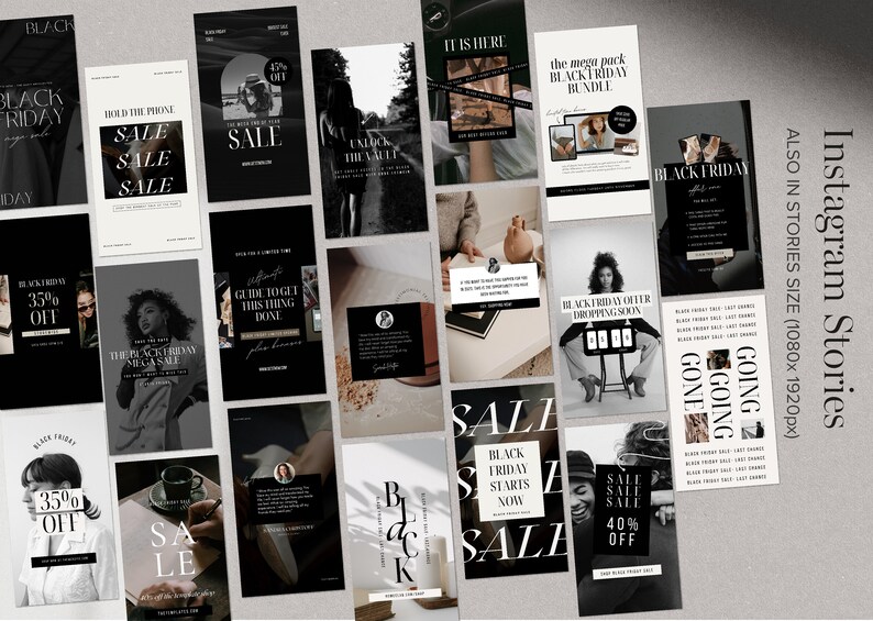 May include: A collection of 12 Instagram story templates in black and white with text overlays promoting a Black Friday sale. The text includes phrases like "Black Friday Sale", "The Black Friday Mega Sale", "Black Friday Offer Dropping Soon", and "Going, Going, Gone".