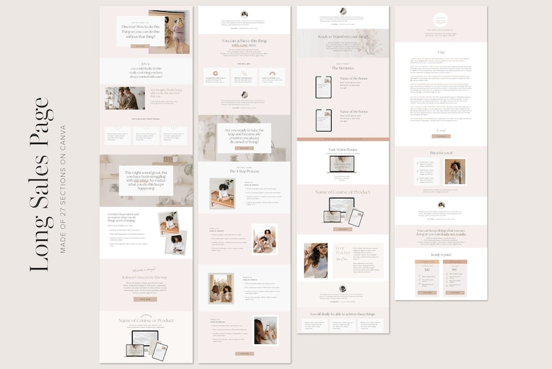 May include: A long sales page with multiple sections, featuring a pink and white color scheme. The page includes text, images, and a call to action button. The page is designed to be visually appealing and informative, and it is likely used to promote a product or service.