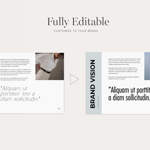 May include: Two pages of a brand vision document with a white background and black text. The left page features a photo of a person wearing a white shirt and black pants. The right page features a photo of a person wearing a blue denim shirt and jeans. Both pages include the text "BRAND VISION" and a quote about brand vision. The text on the left page reads "Aliquam ut porttitor leo a diam sollicitudin." The text on the right page reads "Aliquam ut porttitor leo a diam sollicitudin."