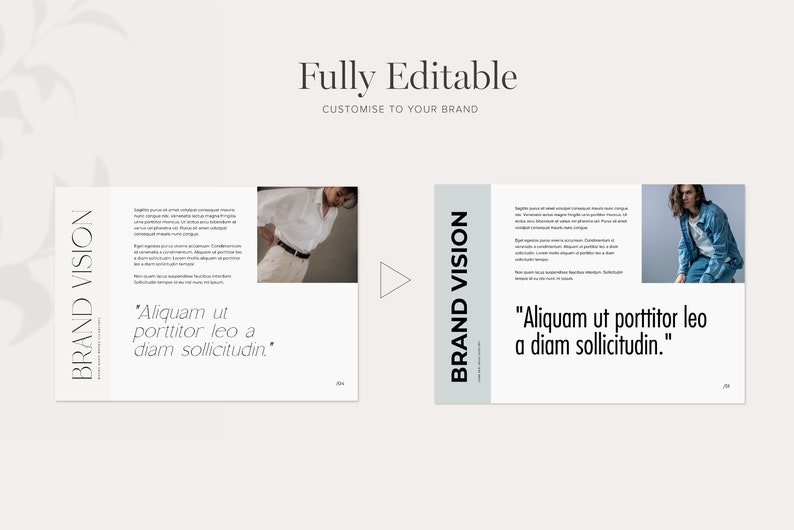 May include: Two pages of a brand vision document with a white background and black text. The left page features a photo of a person wearing a white shirt and black pants. The right page features a photo of a person wearing a blue denim shirt and jeans. Both pages include the text "BRAND VISION" and a quote about brand vision. The text on the left page reads "Aliquam ut porttitor leo a diam sollicitudin." The text on the right page reads "Aliquam ut porttitor leo a diam sollicitudin."