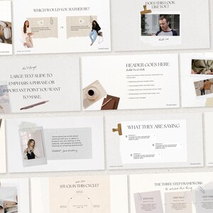 May include: A collection of light-colored presentation slides with text and images. The slides feature various layouts, including text boxes, images, and graphic elements. The slides are designed with a minimalist aesthetic, using neutral colors and a clean font.