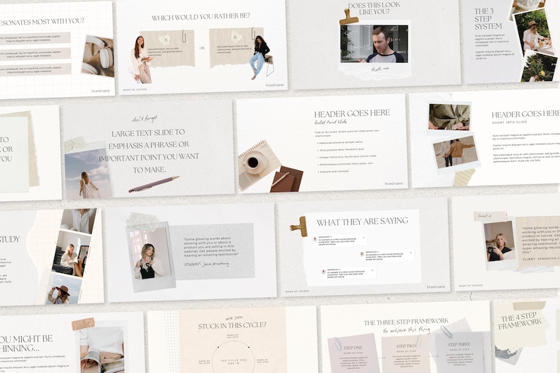 May include: A collection of light-colored presentation slides with text and images. The slides feature various layouts, including text boxes, images, and graphic elements. The slides are designed with a minimalist aesthetic, using neutral colors and a clean font.