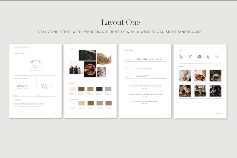 May include: A brand board with the name "Kin & Co" in a handwritten font. The board includes a logo, color palette, typography, and photography.