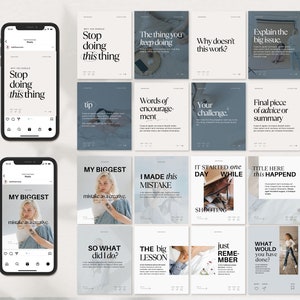 Op de afbeelding: Een collage van 16 Instagram-story-sjablonen met tekst en afbeeldingen. De sjablonen zijn ontworpen om mensen te helpen aantrekkelijke content te maken voor hun sociale media.
