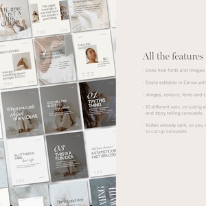 Op de afbeelding: Een verzameling van 18 social media post-sjablonen voor Canva. De sjablonen hebben een minimalistische esthetiek met een neutrale kleurenpalet van wit, beige en grijs. De tekst op de sjablonen bevat zinnen zoals "Groei kost tijd", "Negeer niet", "Wanneer je geen idee&euml;n hebt", "Creatieve blokkade? Probeer dit", "Probeer dit", "De volgende stap", "Een andere stap", "Alles wat het kost is 5 minuten", "Dit is een leuk idee", "Wist je? Een statistiek of feit 20% 000", "De tweede stap" en "Beoordeling".