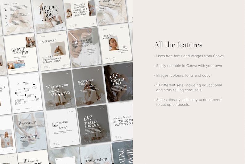Op de afbeelding: Een verzameling van 18 social media post-sjablonen voor Canva. De sjablonen hebben een minimalistische esthetiek met een neutrale kleurenpalet van wit, beige en grijs. De tekst op de sjablonen bevat zinnen zoals "Groei kost tijd", "Negeer niet", "Wanneer je geen idee&euml;n hebt", "Creatieve blokkade? Probeer dit", "Probeer dit", "De volgende stap", "Een andere stap", "Alles wat het kost is 5 minuten", "Dit is een leuk idee", "Wist je? Een statistiek of feit 20% 000", "De tweede stap" en "Beoordeling".