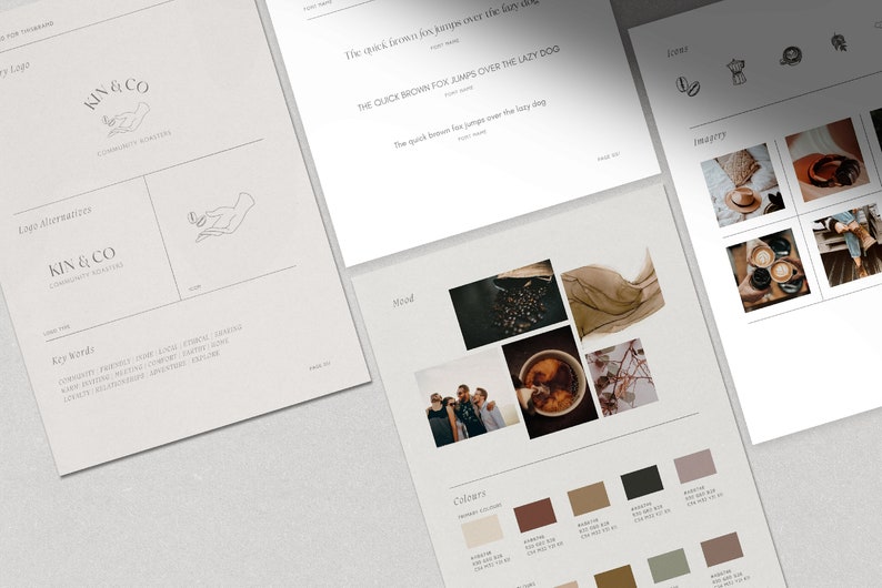 May include: Brand identity design for KIN & CO, a community gathering space. The logo features a hand holding a cup. The mood board includes images of coffee, a group of people, and a fabric swatch. The color palette includes shades of brown, beige, and green.