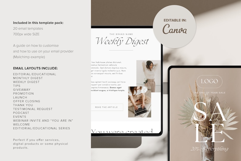 K&ouml;nnte beinhalten: Digitale E-Mail-Vorlagen, die auf einem Computer und Tablet angezeigt werden. Die Vorlagen umfassen Layouts f&uuml;r Newsletter, Werbeaktionen und Veranstaltungen. Der Text enth&auml;lt "Weekly Digest" und "SALE 20% off everything". Bearbeitbar in Canva.