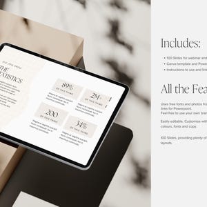 May include: A digital tablet displays a presentation with the title "THE STATISTICS" and data visualizations. The tablet is set against a neutral background with text detailing features, including 100 slides for webinars and courses.