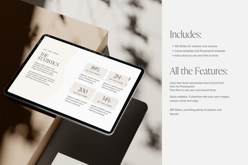 May include: A digital tablet displays a presentation with the title "THE STATISTICS" and data visualizations. The tablet is set against a neutral background with text detailing features, including 100 slides for webinars and courses.