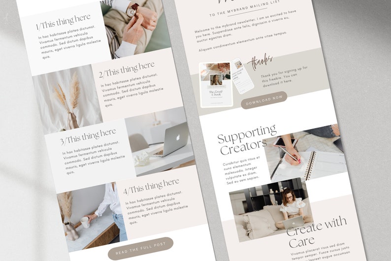 K&ouml;nnte beinhalten: Ein digitales Marketing-E-Mail-Layout mit einer neutralen Farbpalette. Das Design umfasst Abschnitte mit Text, Bildern und Handlungsaufforderungen. Das Layout enth&auml;lt den Text "This thing here", "Supporting Creators" und "Create with Care".